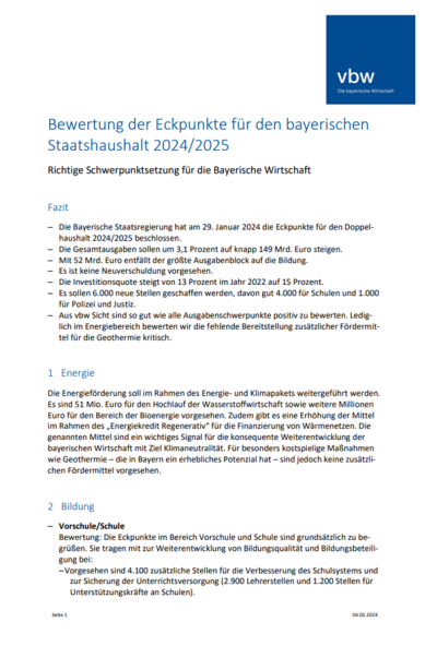 Bewertung der Eckpunkte für den bayerischen Staatshaushalt 2024/2025