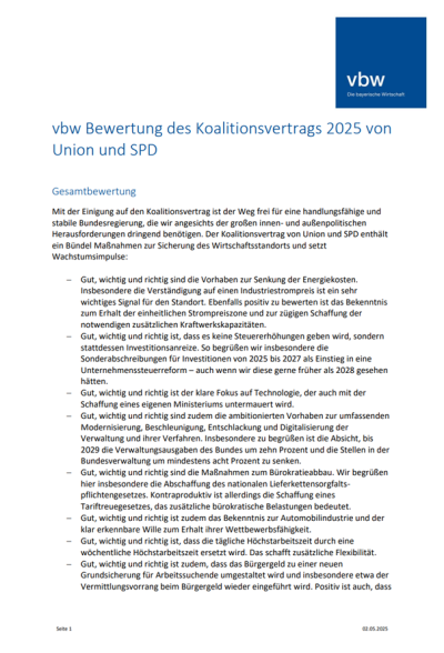 Bewertung des Koalitionsvertrags von Union und SPD Bewertung des Koalitionsvertrags von Union und SPD