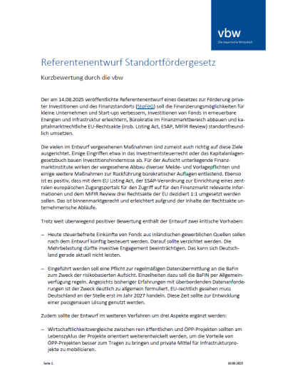 Kurzbewertung des Referentenentwurfs zum Standortfördergesetz